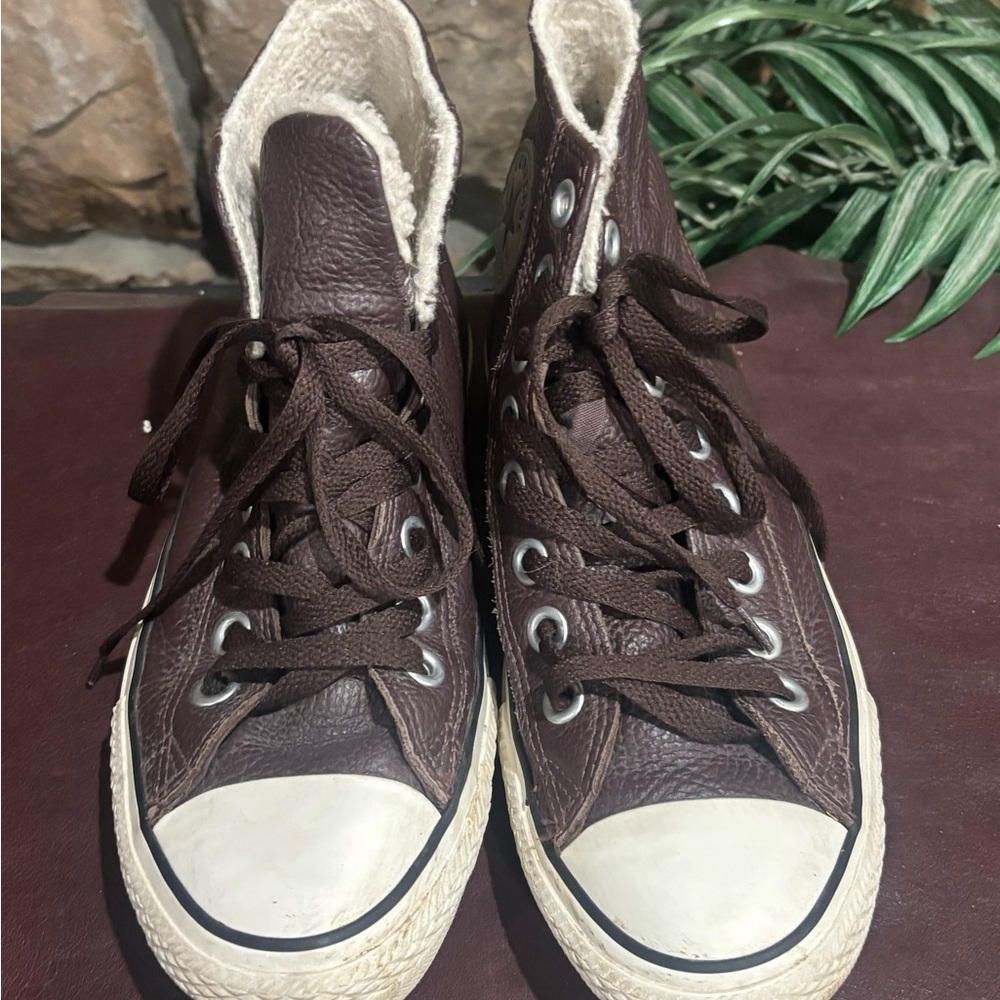 Converse brown leather fleece lined high tops